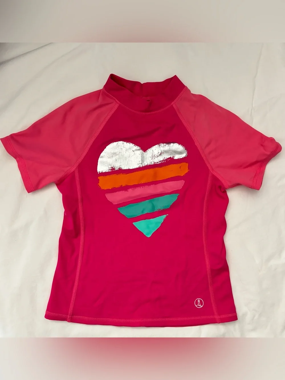 Lands' End Girls' Pink and Coral Short-Sleeve Rashguard with Heart Graphic